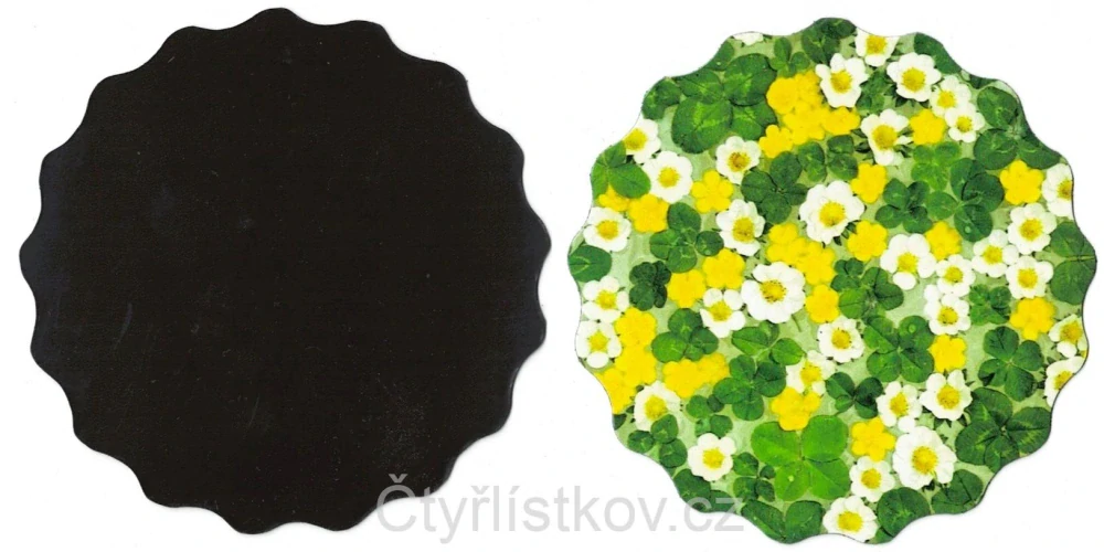 Magnetka - čtyřlístky s květy pryskyřníku - kruh VLNKA 10 cm