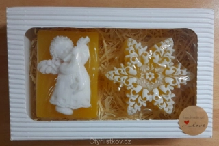 Vánoční krabička - andílek s flétnou a vločka