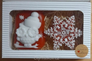 Vánoční krabička - sova s kulichem a vločka